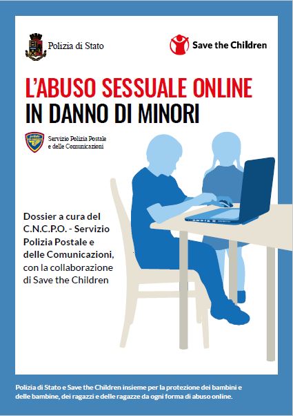 copertina bianca con immagini blu e scritte rosse del dossier su abuso online con la Polizia Postale