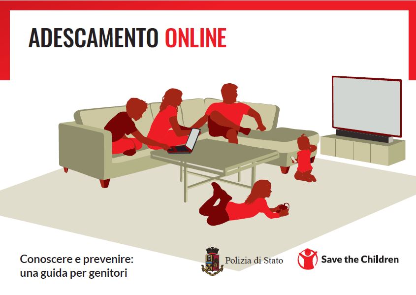 copertina della guida per genitori per prevenire e conoscere l'adescamento online: disegno di una famiglia