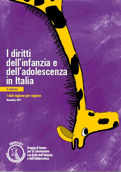 copertina con sfondo viola con una giraffa del rapporto CRC sui diritti infanzia e adolescenza in Italia