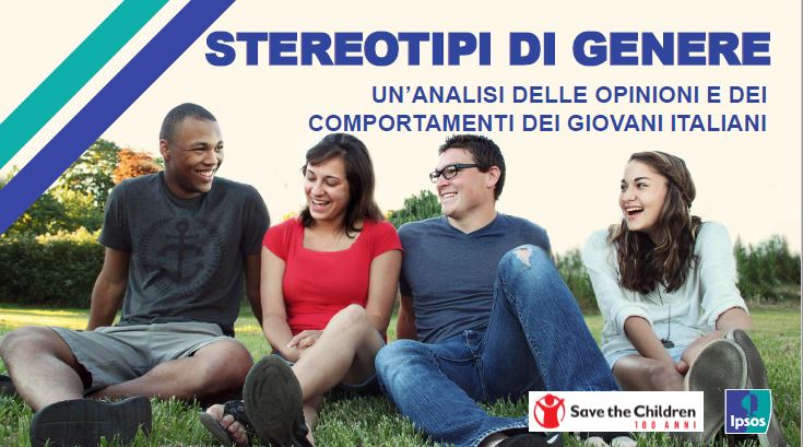 due ragazzi e due ragazze seduti su un prato conversano tra loro, questo lo sfondo della copertina della ricerca IPSOS per Save the Children Italia sugli stereotipi di genere