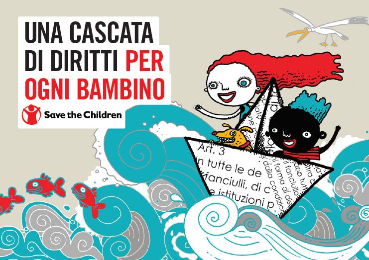 copertina con illustrazione colorata di due bambini su una barchetta di carta nel mare per la pubblicazione dal titolo una cascata di diritti per ogni bambino