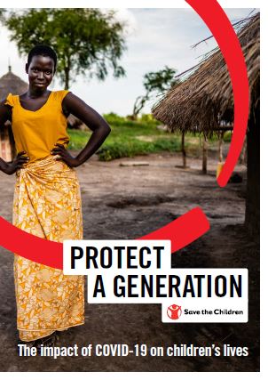 copertina del rapporto protect a generation di save the children con una donna africana vestita di giallo con le mani sui fianchi