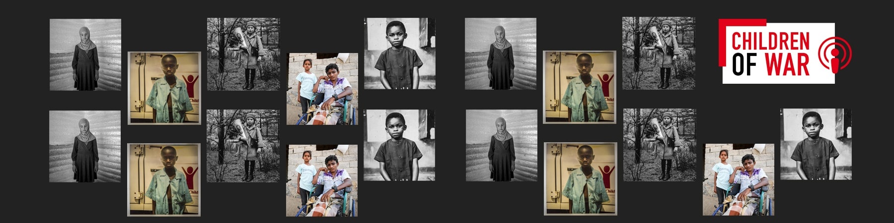 collage su sfondo nero di foto di bambini a colori e in bianco e nero di diverse nazionalità.
