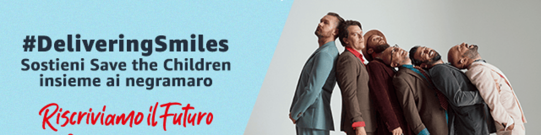 Grafica amazon per annunciare il sostegno a Save the Children in occasione del periodo natalizio 2020. I negramaro ambassador dell iniziativa sono in fila vicini