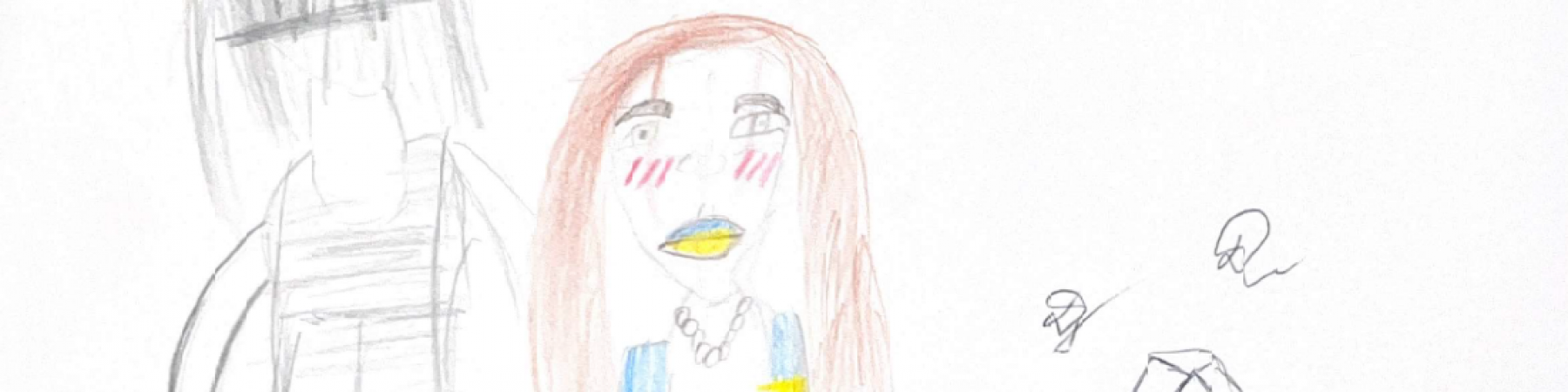 disegno di una bambina con una donna in lacrime vestita con i colori della bandiera ucraina, accanto ad un soldato grigio senza volto, mentre le bombe cadono da un aereo