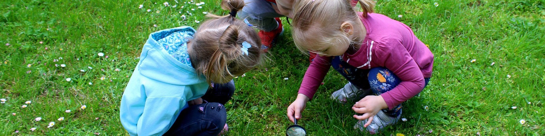 Bambini curiosi che giocano con una lente di ingrandimento su un prato 