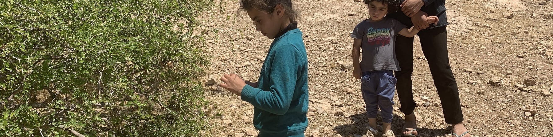 Una bambina in piedi davanti a un cespuglio lo osserva, dietro di lei una ragazza in pedi tiene per mano un altra bambina