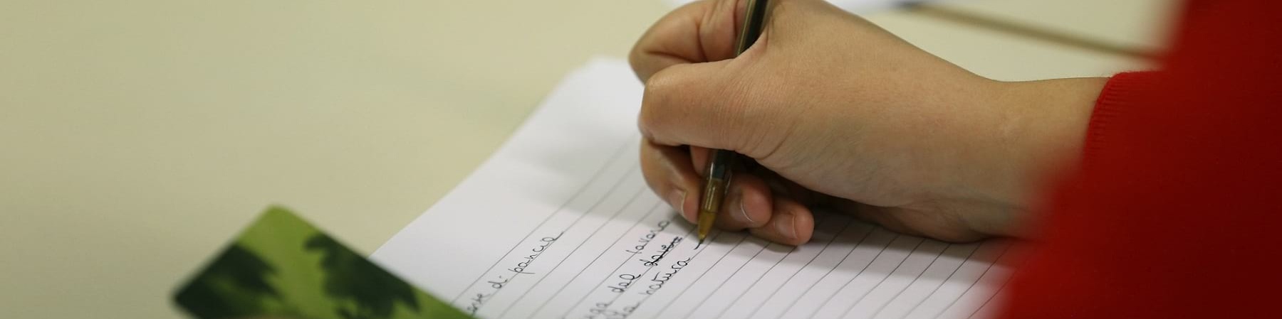 Mani di donna adulta scrivono con una penna su un quaderno. La persona indossa una maglia rossa