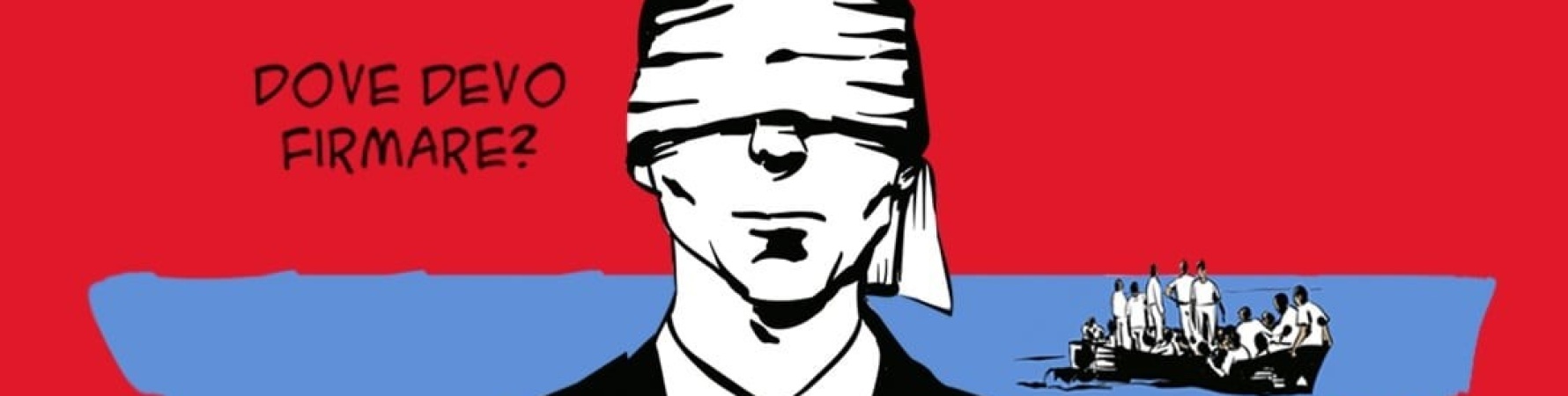  vignetta con uomo con benda davanti agli occhi per la mobilitazione contro il rinnovo del memorandum italia libia