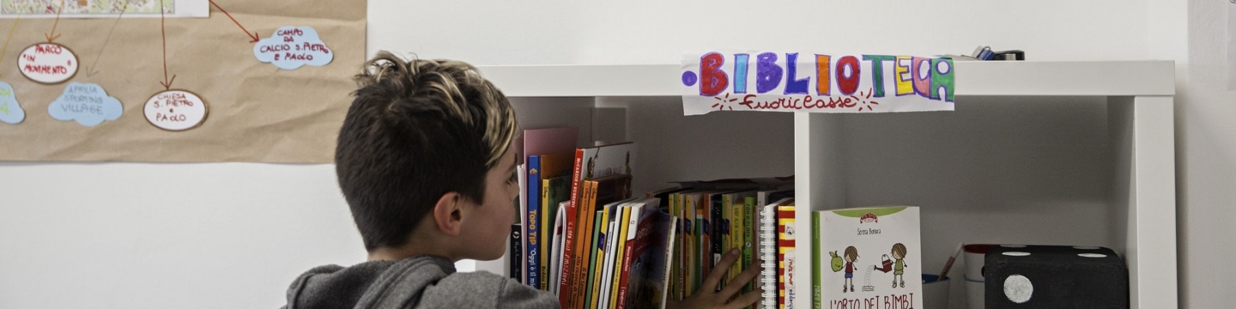 bambino con felpa grigia prende un libro da uno scaffale dedicato ai libri in unaula scolastica