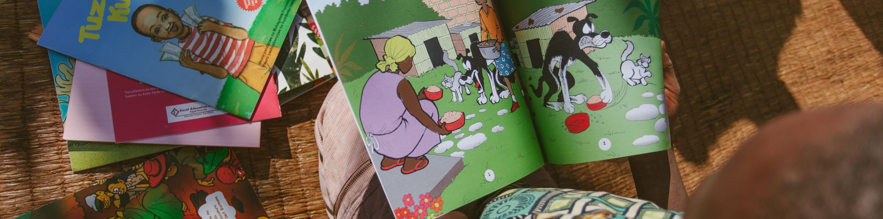 foto dall'alto di bambino che legge dei libricini illustrati colorati