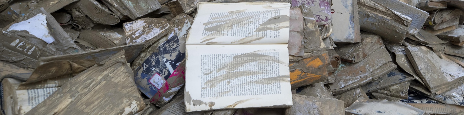 Una pila di libri distrutti dal fango.