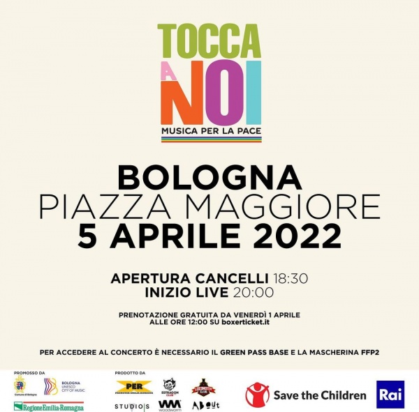 locandina del concerto dal titolo tocca a noi a Bologna per Save the Children e il suo intervento per la guerra in Ucraina