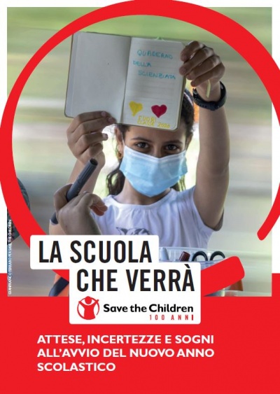 Copertina rapporto la scuola che verrà con immagine bambina con mascherina