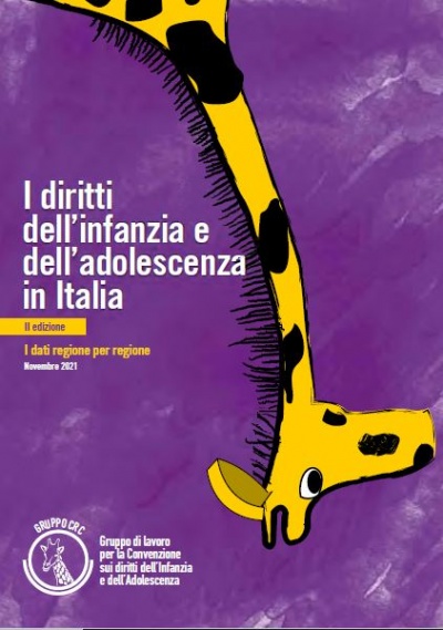 copertina con sfondo viola con una giraffa del rapporto CRC sui diritti infanzia e adolescenza in Italia