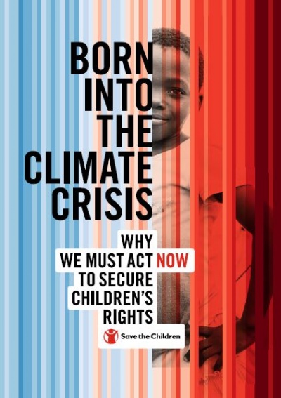 copertina report Born into climate crisis di Save the Children Italia, sfondo che va dal tono azzurro al rosso con dietro i colori un bambino