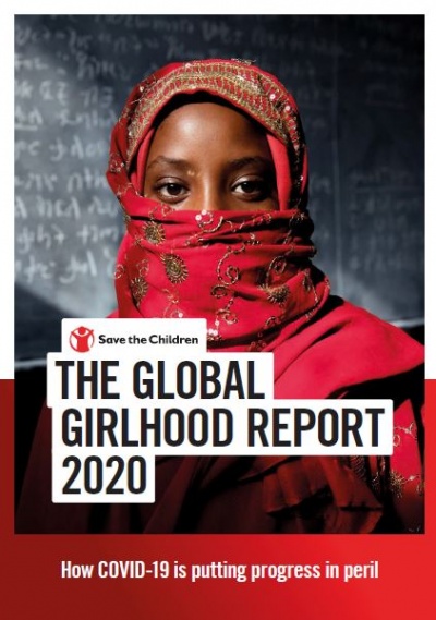 copertina del report dal titolo 'the global girlhood report 2020' con una foto di sfondo che ritrae una ragazza velata con vestito rosso