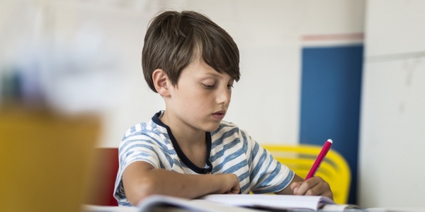 bambino seduto a un banco di scuola mentre fa i compiti