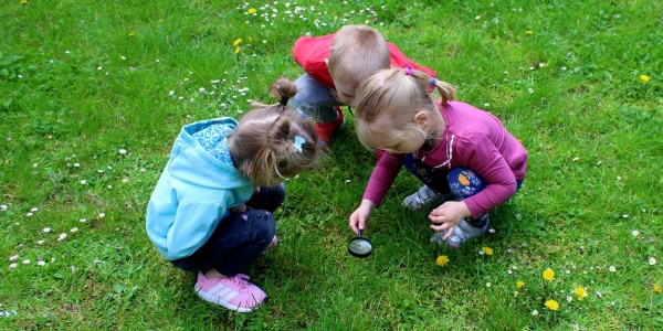 Bambini curiosi che giocano con una lente di ingrandimento su un prato 