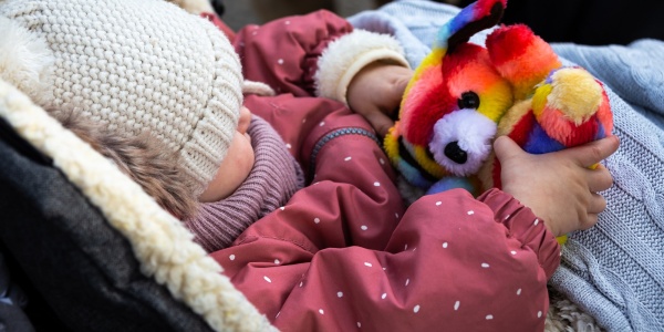 bimba nel passeggino con giacchina rosa tiene un peluches tutto colorato