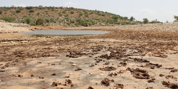 Immagine di un lago quasi secco in Somalia, una piccola pozza di acqua è circondata da terra quasi del tutto desertificata