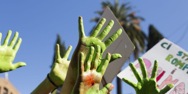 Mani verdi di bambini alzate al cielo con cartelloni