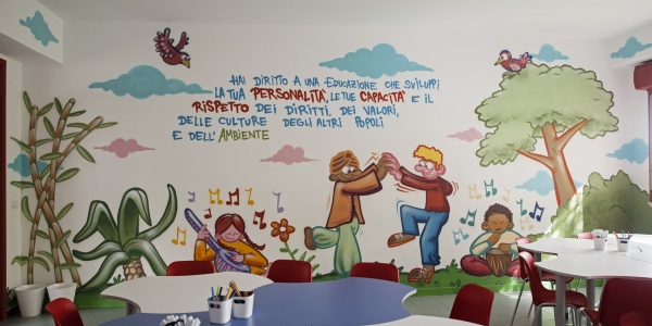 aula di una scuola molto colorata con disegni e scritte sui muri