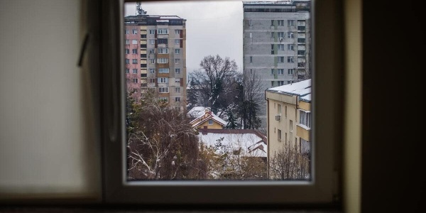 visione da finestra in cui si vede un albero con neve